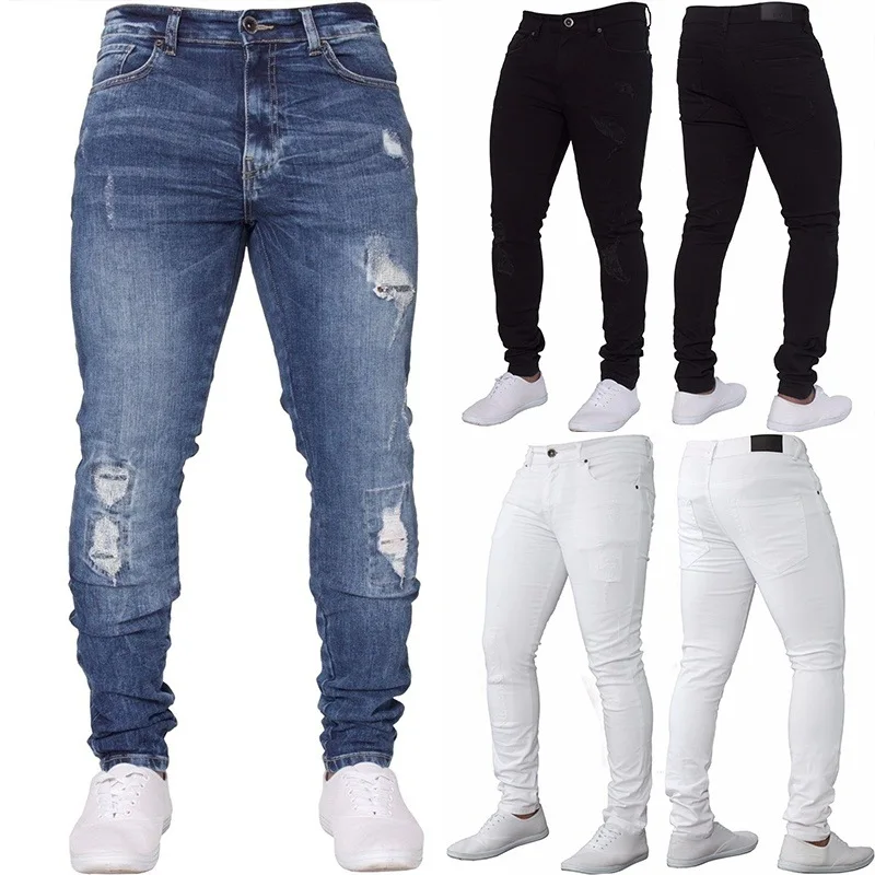 

Ripped Men's Denim Trousers Mid Waist Stretch Slim Fit Casual Pants for Women
