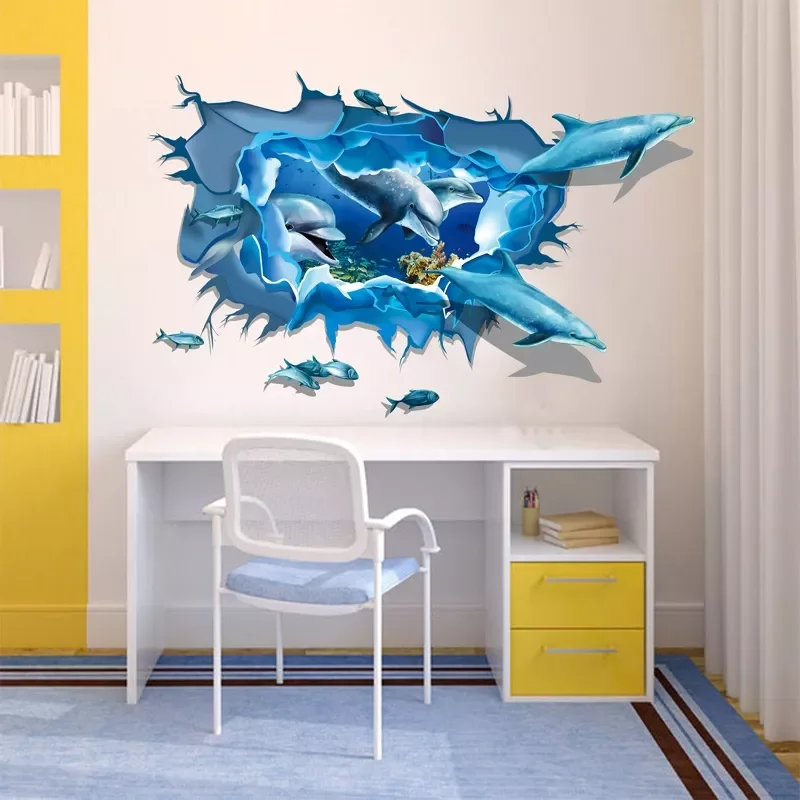 

Dolphin Fish Wall Stickers For Shop Office House Kids Room Decoration Diy 3d Broken Hole Wall Mural Art Home Decals