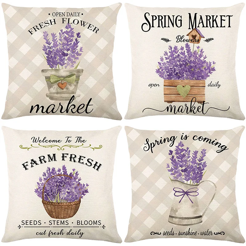 

45*45cm New Pillowcase Linen Spring Lavender Mesh Print Pillowcase Home Living Room Cushion Set