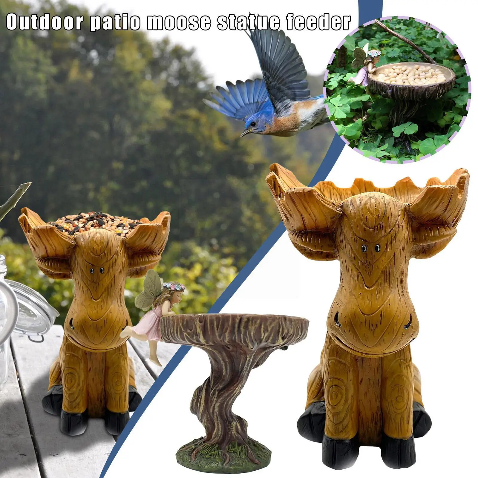 

Moose Statue Bird Feeder, Sitting Moose with Antlers Wood-Look Birdbath, Outdoor Decoration Carved Resin Courtyard Ornament S5A8