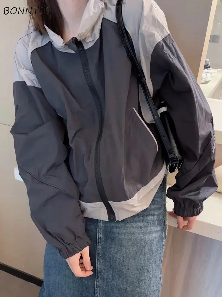 

Jackets Women Spring Sporty Fashion Loose Simple All-match Design Leisure Sun-proof Ladies Patchwork Korean Style Hooded Daily