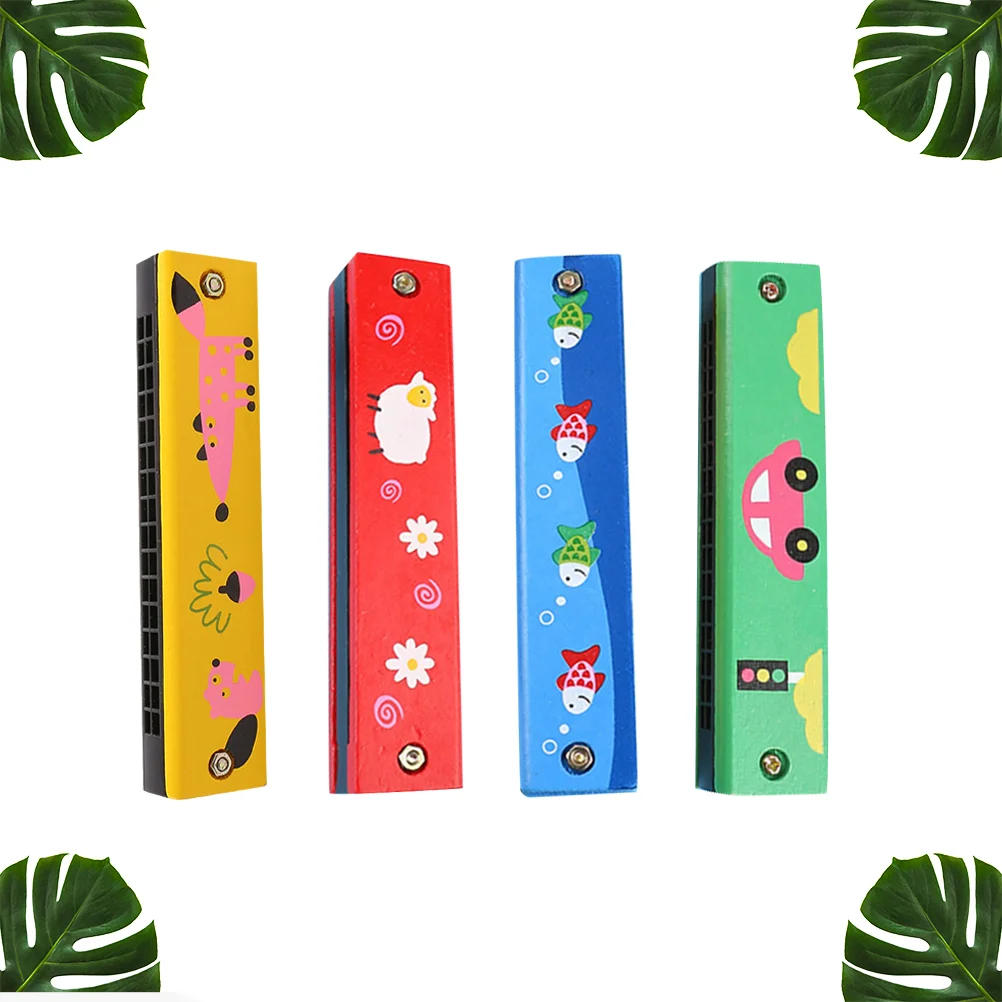 

4 Pcs Painted Parent-child Kids Musical Instruments Bamboo Harmonica Toys Wooden For