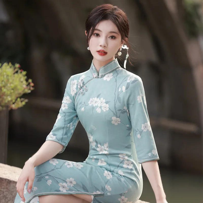 

Осеннее улучшенное длинное Замшевое платье-Ципао Yourqipao в стиле ретро, модное повседневное вечернее платье в китайском стиле для женщин