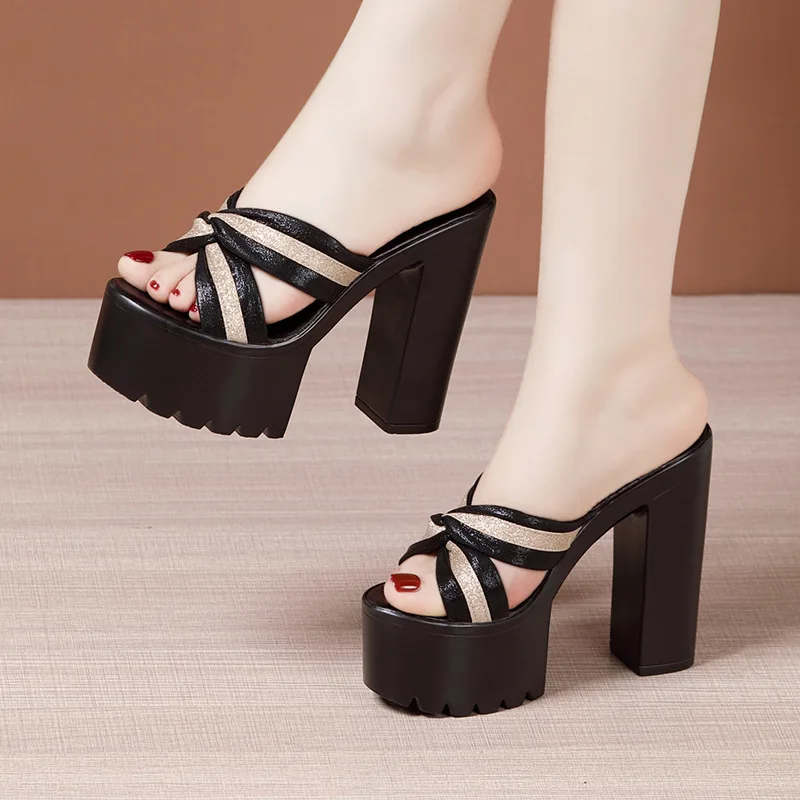 

14cm Small Size 32-43 Sexy Stripe Block High Heels Shoes Summer Slippers 2023 Women's Chunky Platform Slides Office Model Party