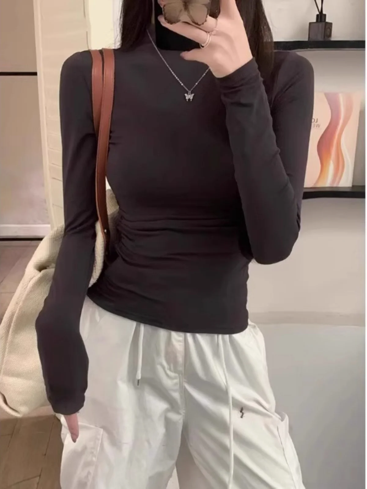 Gyaru Серая рубашка с высоким воротником и длинными рукавами женская осенне-зимняя