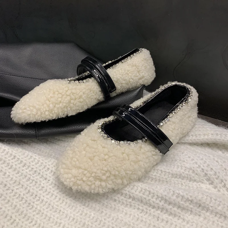 

women's 2022 Keep Crystal Wool Flats Easy Wear Simple Style woman Loafer Warm Inside Winter Shoes chaussures plates