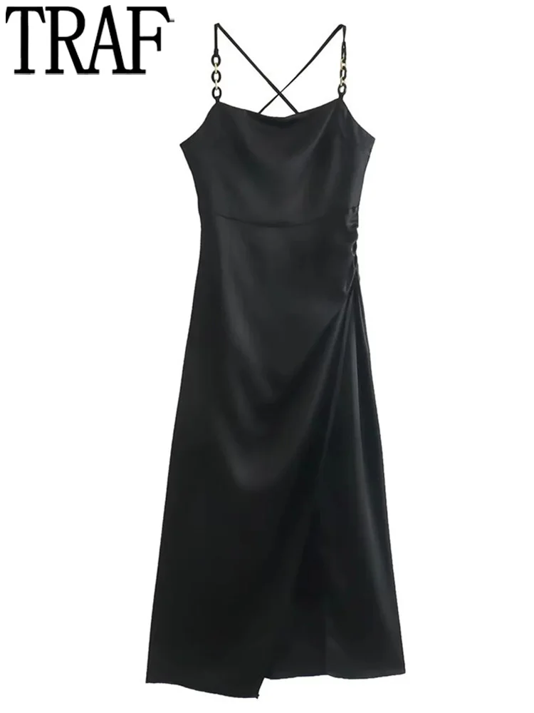 

TRAF Black Long Dress Women Backless Midi Satin Dress Woman Ruched Chain Slip Sexy Party Dresses 2023 New Year Evening Dresses
