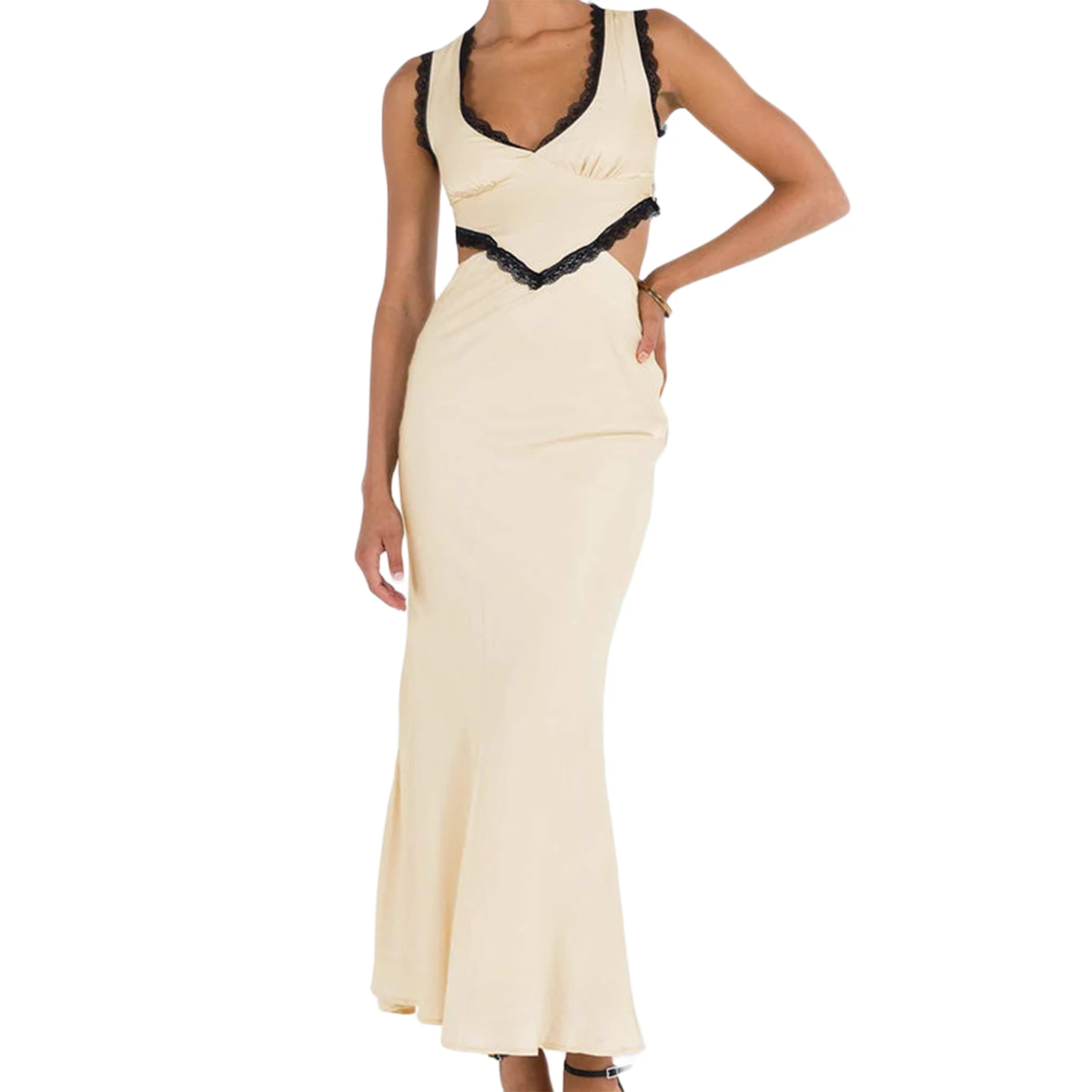 

Women Summer 2-Piece Skirt Outfits Lace Patchwork Sleeveless V Neck Tank Tops and Elastic Beach Skirt Sets Clubwear