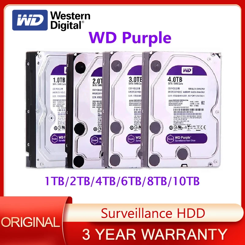 Western Digital WD Purple 1T 2T 3T 4T 6T 8TB 10TB 3.5" SATA III Hard Drive Surveillance HDD Harddisk for CCTV Camera DVR NVR