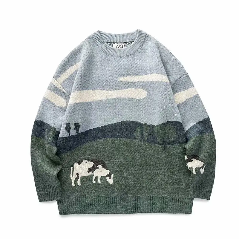 

American Fashion 2022 Autumn Winter High Quality Casual Japanese Retro Knitted O-neck Loose Coat for Men Women Harajuku Sweater