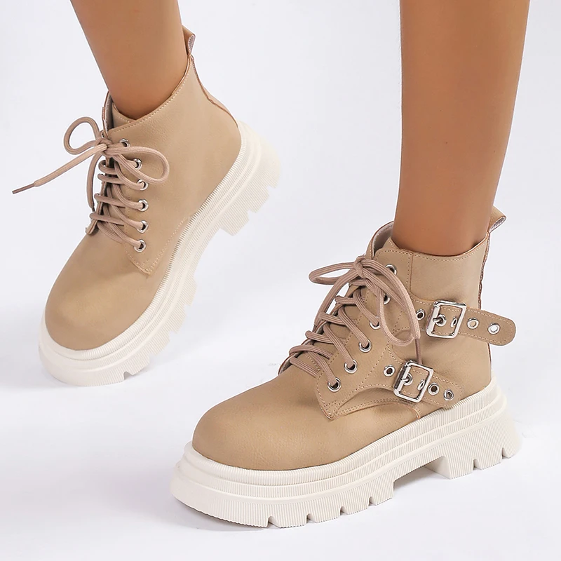 

Women's Ankle Boots 2023 Fashion Buckle Non-Slip Combat Boots Woman Autumn Lace-Up Pu Leather Med Heels Short Boots Female