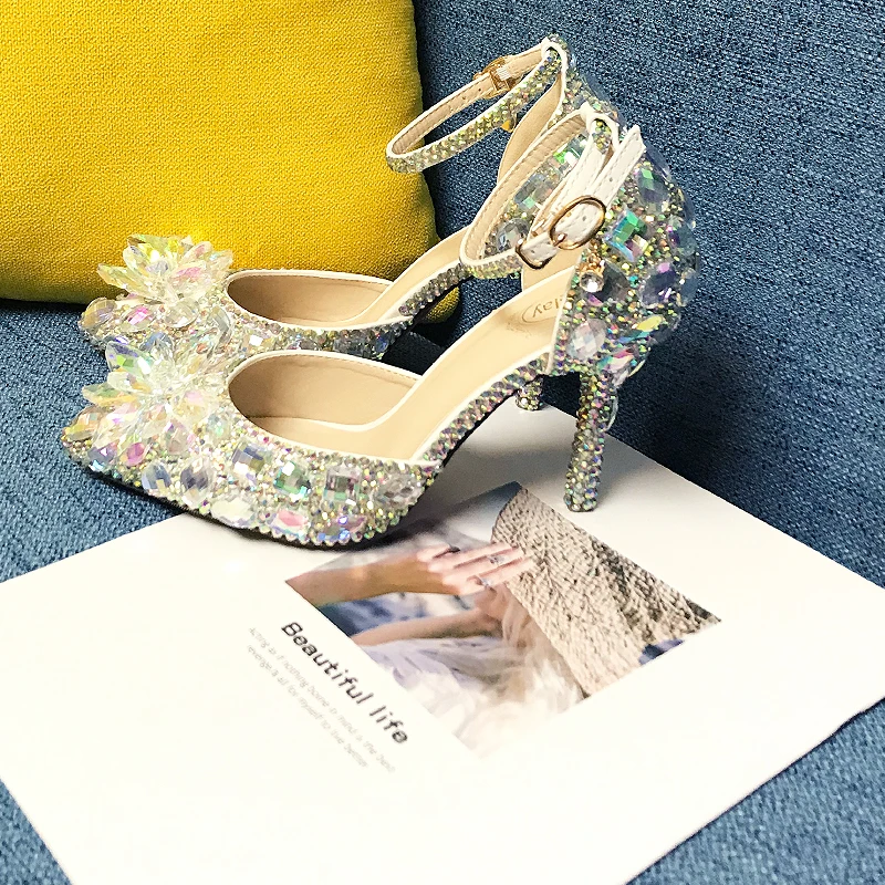 

BaoYaFang 2021 NEW ARRIVE Silver Crystal Wedding shoes Woman Thin heel pointed toe Bridal Party dress shoe big size