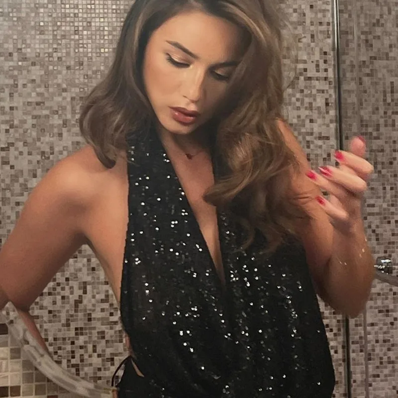 

Женские сексуальные модные блестящие майки с блестками, винтажные майки с открытой спиной и бантом на шнуровке, Летние Элегантные Женские однотонные Топы