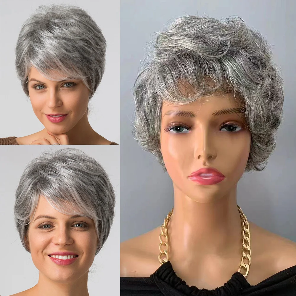 #51 Gray Glueless Wigs Curly Pixie Cut Wigs