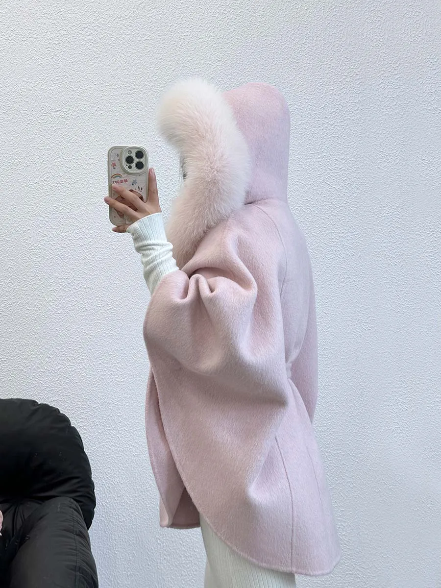 Женская шаль с воротником из натурального лисьего меха и капюшоном манжеты