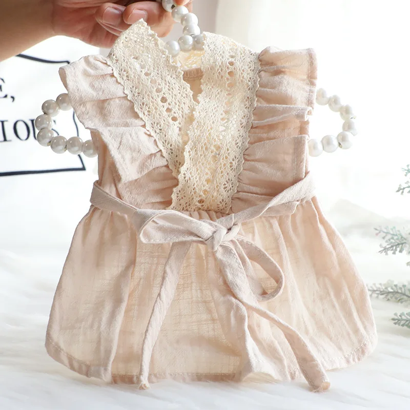 

Cotton Linen Dress Pet Clothing Dogs Skirt Thin for Dog Clothes Costume soft French Bulldog Cute Summer Beige Girls Collar Perro