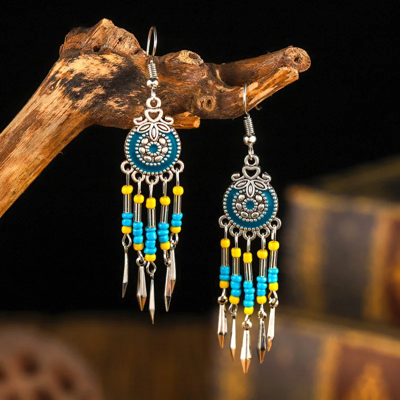 

Ethnic Retro Rice Bead Tassel Earrings For Women Boho Vacation Style Silver Color Alloy Drop Oil Dangle Earrings Bijoux Femme
