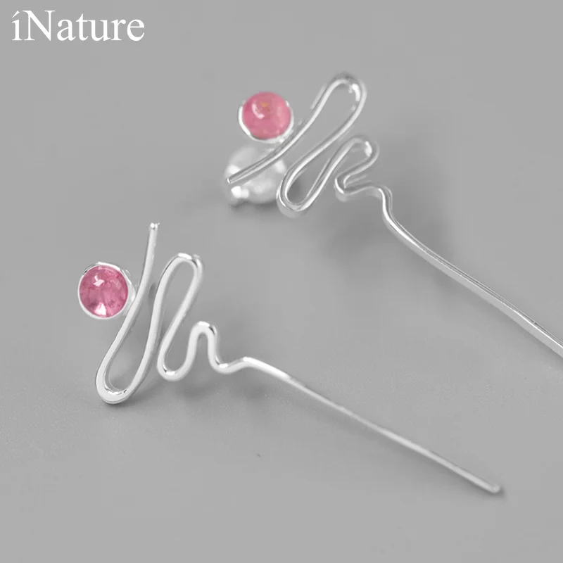 

INATURE Fashion Curve Geometric 925 Sterling Silver Natural Tourmaline Stone Earrings for Women Jewelry Accessories