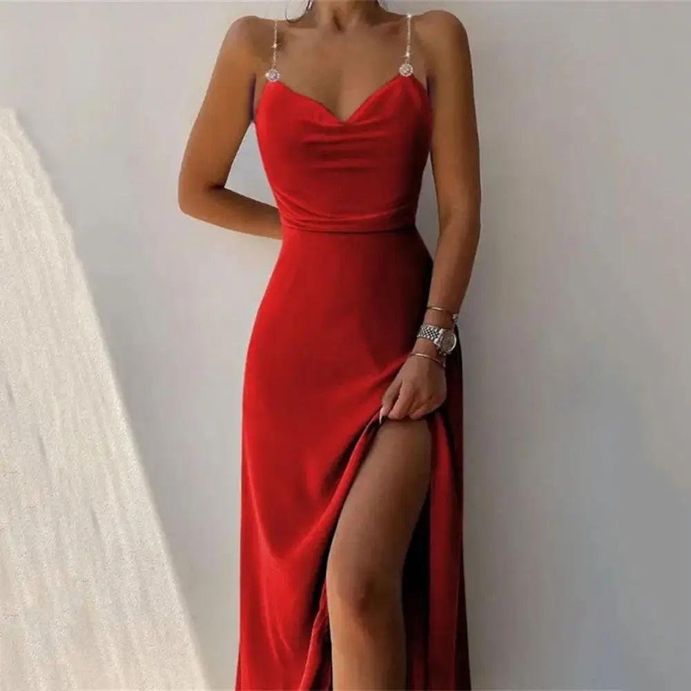 

Hot！Metal Chain Sling V-Neck Waist Tight Sexy Dress Sexy Asymmetrical High Split Solid Color Long Dress Female Clothing