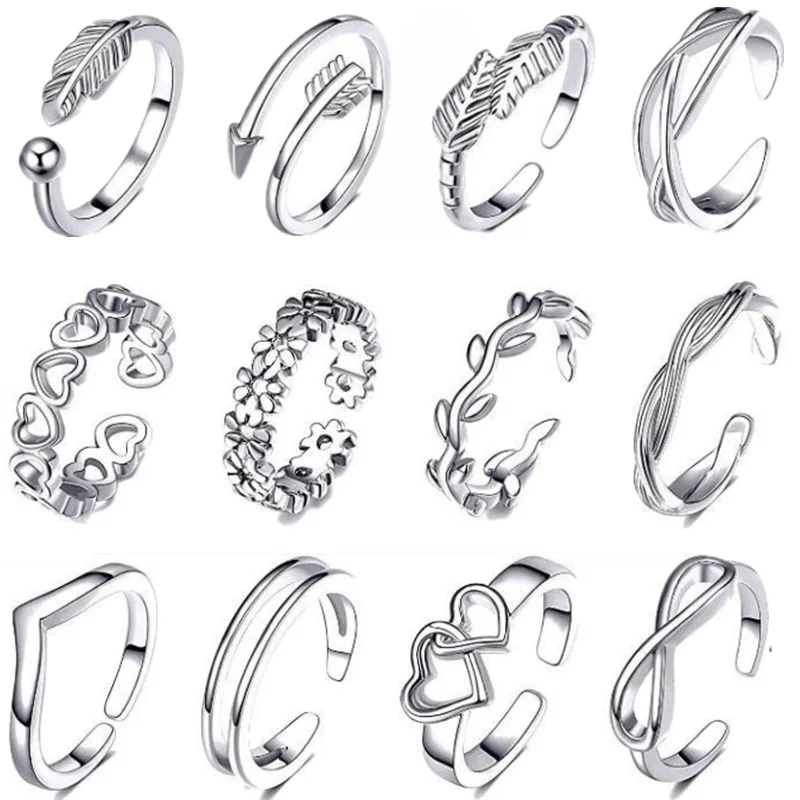 12pcs/set Summer Fashion Foot Leg Beach Geometric Open Barefoot Finger Rings Cute Arrow Heart Feather Toe Rings Women Jewelry