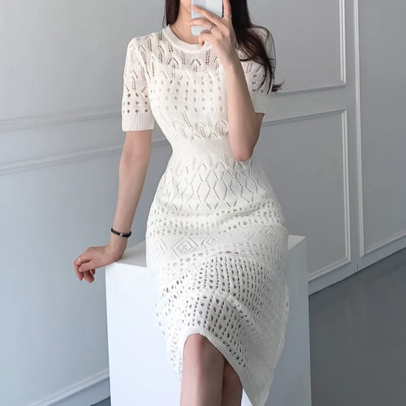 

SHIJIA Korea Chic Elegant Dress Woman Slim Waist Hollow O-neck Apricot Knit Dresses Female 2023 Summer Casual Mid Vestidos