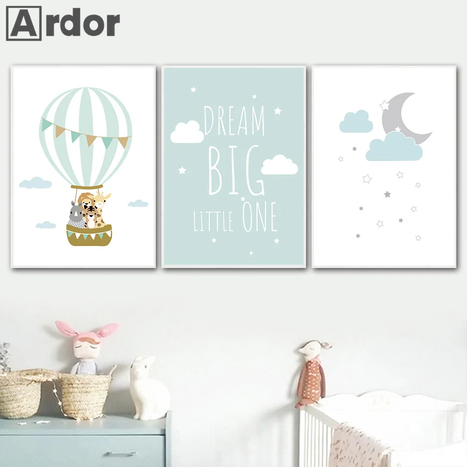 

Balloon Giraffe Elephant Poster Canvas Print Moon Stars Cloud Nursery Dream Big Quotes Wall Art Canvas Painting Kids Room Decor