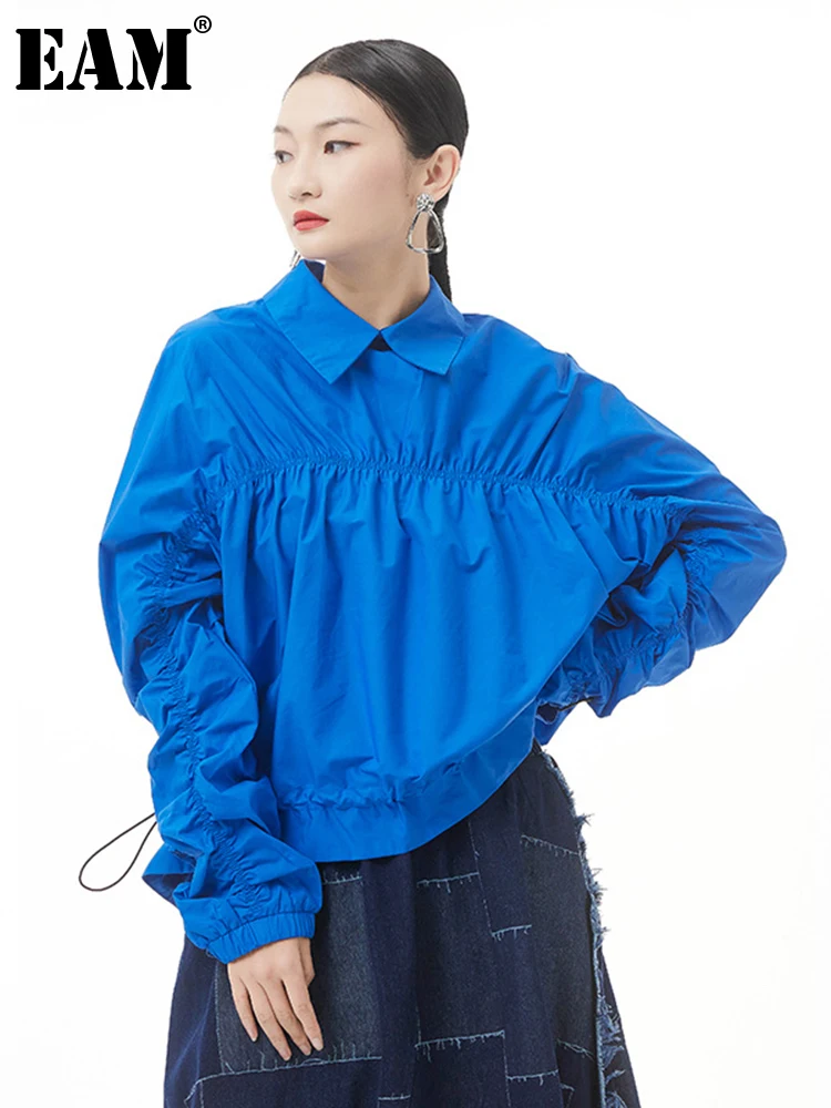 

[EAM] Женская эластичная плиссированная синяя блузка большого размера, новая свободная рубашка с отворотом и длинным рукавом, модная весенне-...