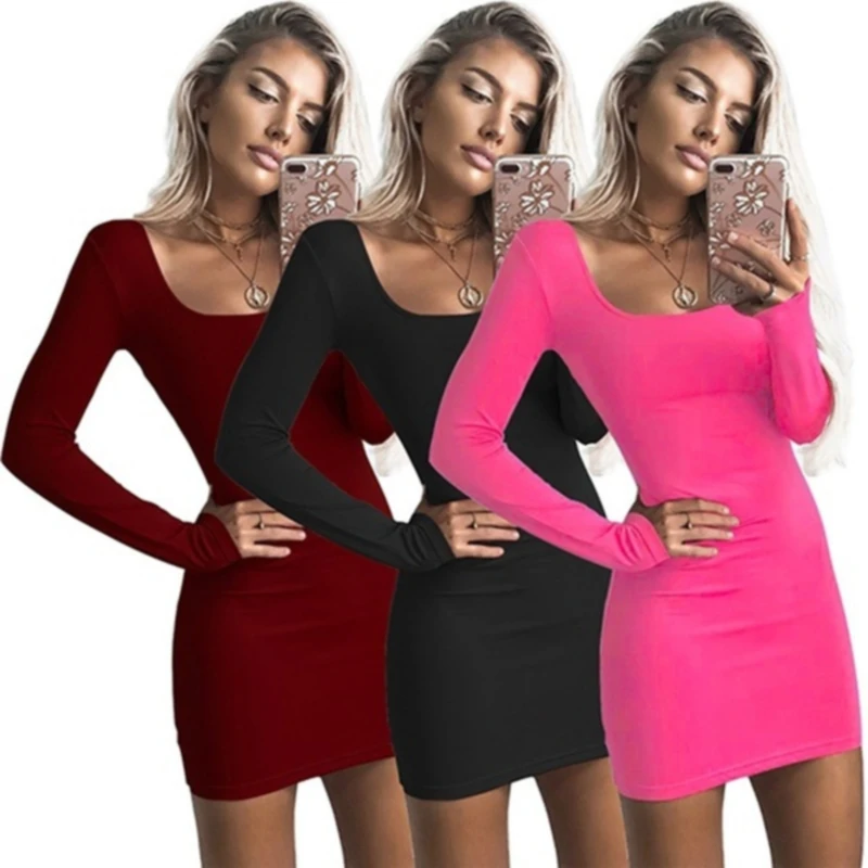 

Long Sleeve Sexy Dress Women 2021 Club Autumn Basic Solid Square Neck Wine Red Black Woman Mini Dress Winter