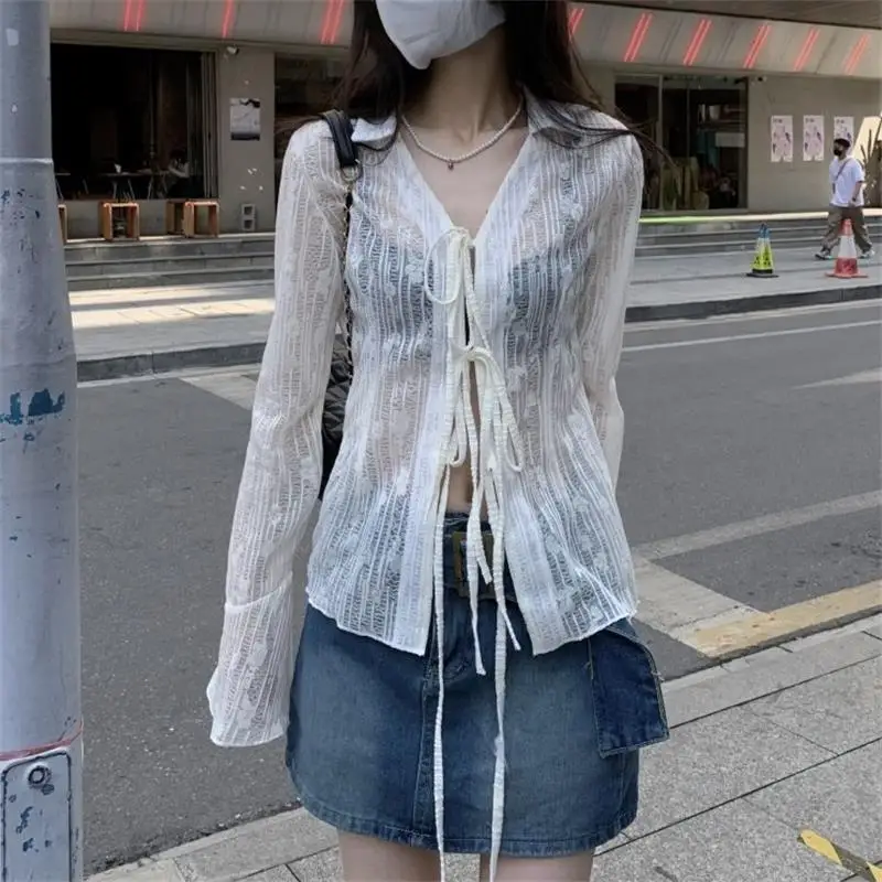 

Sexy Top Long Sleeve Lace Up Design Jacquard Chiffon Blouse Knitted Cardigan Shirt for Women Summer y2k