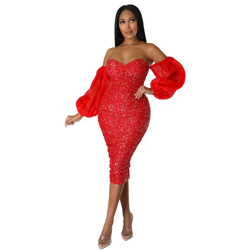 

Sexy Bodycon Dress African Dresses for Women Daily Elegant Sequins Off-shoulder High Waist Bandage Robe Femme African Clothes