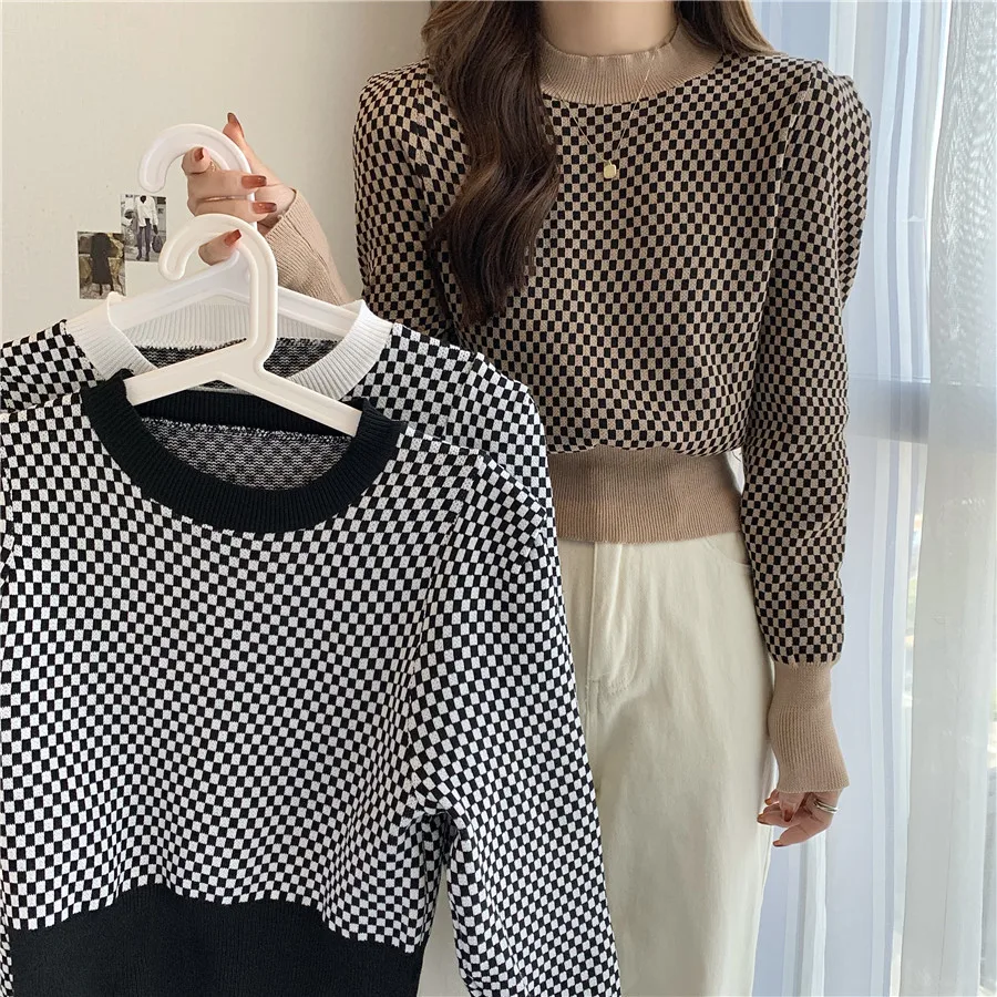 

2022 Autumn Winter Plaid Loose O-Neck Women's Sweater Checkerboard Grid Thicken Warm Knitting Pullover Korean Casual Jumper