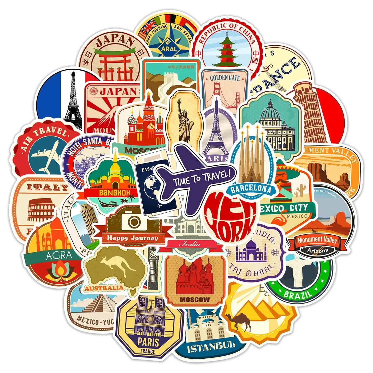 

10/30/50Pcs Retro Travel Landmark Building Stickers Vintage Decal Skateboard Luggage Laptop Phone Car Waterproof Sticker Kid Toy