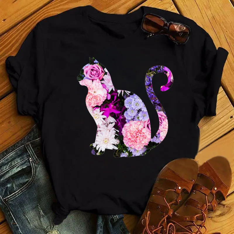 

New Women Black T Shrit Floral Cat Print Tops Female Cartoon Kawaii Short Sleeve Tee Shirts 90s Ladies Cute Graphic T-shirt Tops