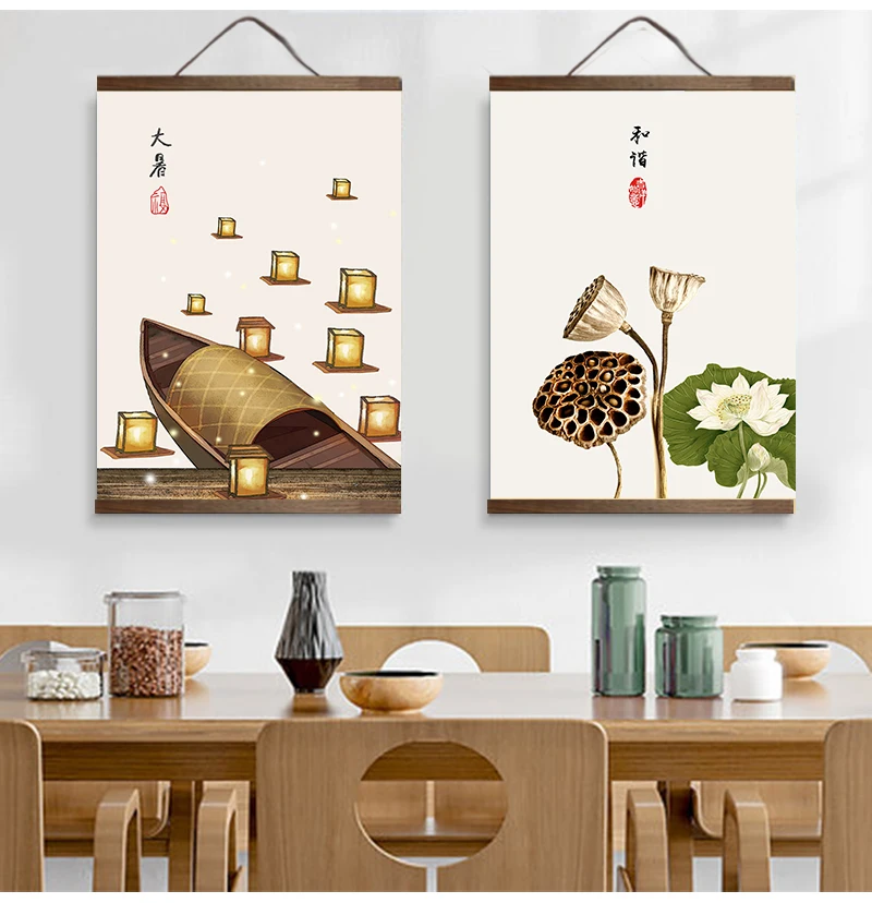 Chinese style green plants canvas decorative painting Store bedroom living room wall art solid wood scroll customizable |