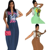 summer digital print shoulder tassel long dress for women hip hop street sleeveless deep v neck maxi skirts nk307
