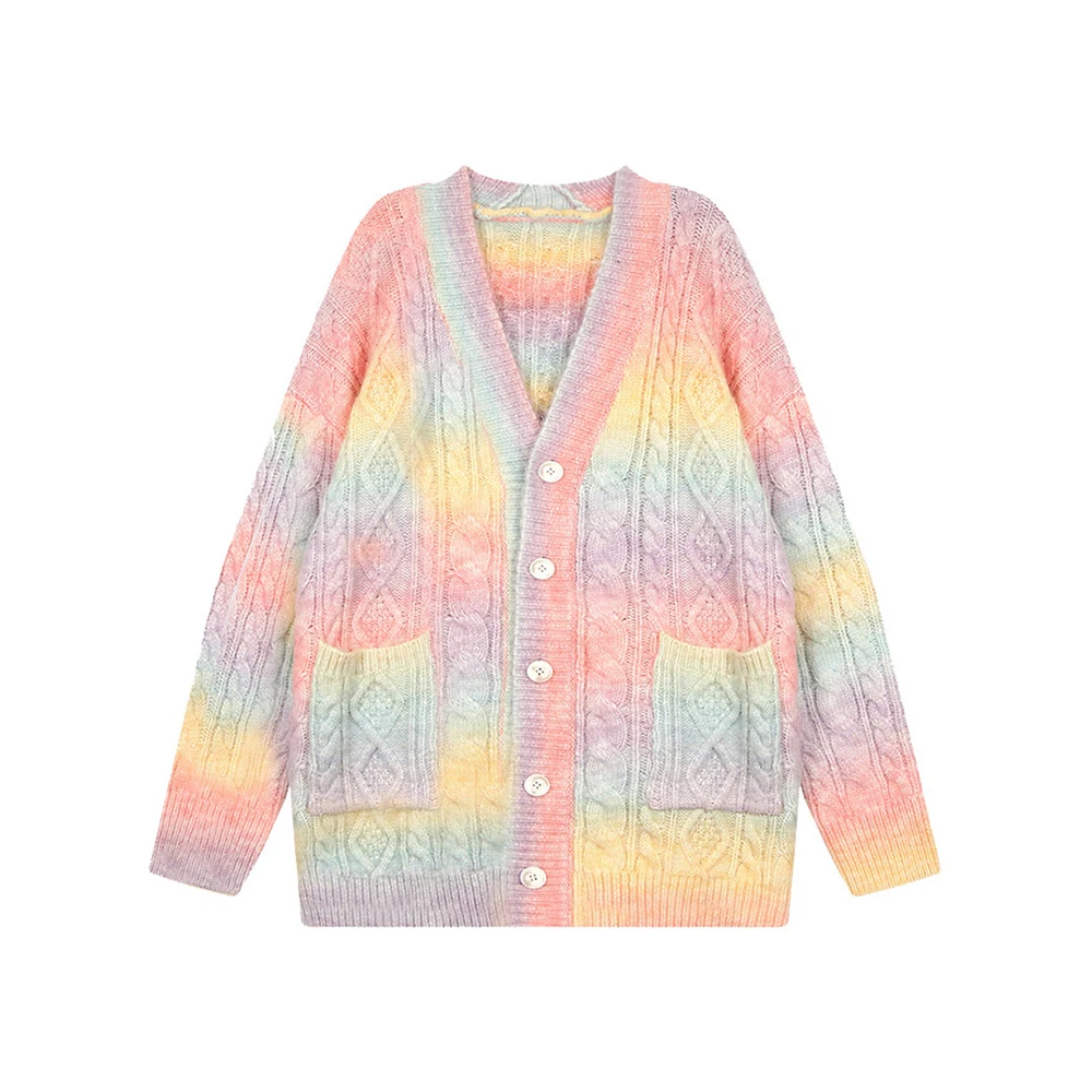 

Rainbow Knitted Cardigan Women Autumn winter Sweet Kawaii Sweater Coat Female Long Korean Button Down Cardigan 2022 Women Tops