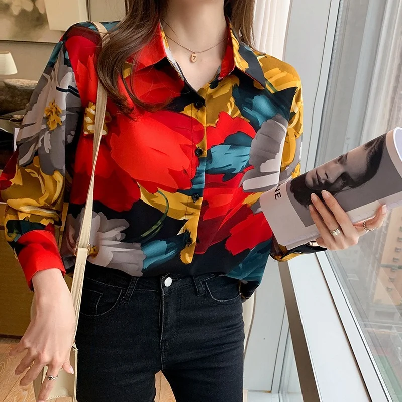 

Holiday Style Colorful Blouses New Retro Chiffon Shirt Long Sleeves Elegant and Fashionable Office Women's Clothing Button Up
