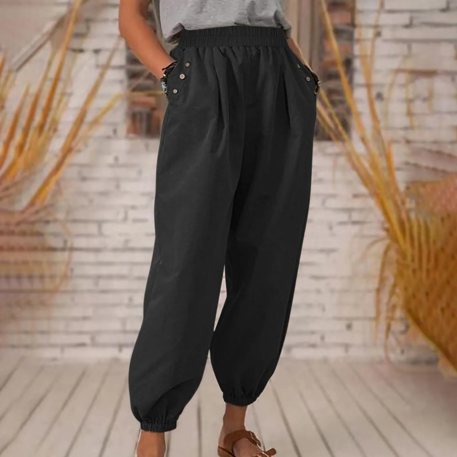 

Women's New Casual Long Pants Vintage Fashion Solid Color Elastic Waist Trouser Loose Button Pocket Wide Leg Streetwear Pants