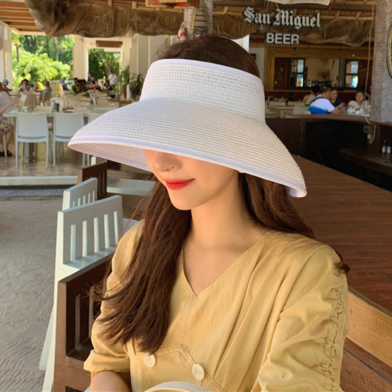 

2022 Summer Folding Empty Top Hat Sunshade Straw Hat Women's Wide Eaves Beach Hat UV Protective Sun Hat Panama Female Straw Hat