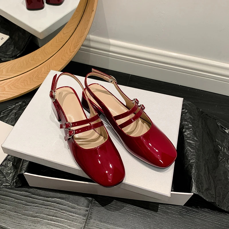 2023 Summer New Back Empty Baotou Sandals French Retro Square Toe Shallow Mouth Double Breasted Mary Jane Sandals