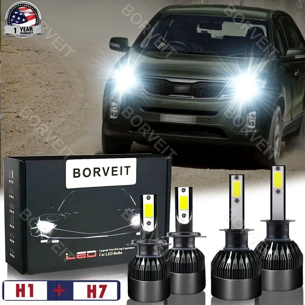 

4Pcs White H7+H1 LED Headlight Bulbs For Kia Sorento 03-06 Spectra 00-01 12000LM