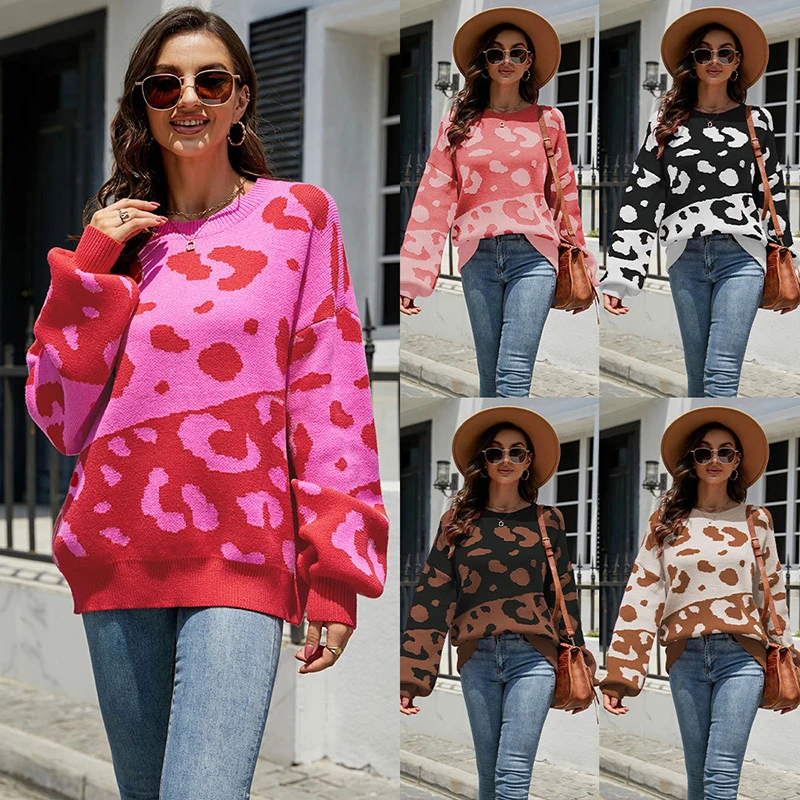 

Женский трикотажный свитер с круглым вырезом, Свободный пуловер с леопардовым принтом, Осень-зима 2023
