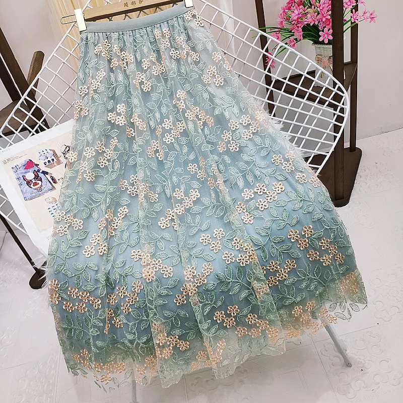 

Floral Embroidered Mesh Skirt Women Summer New High Waist Temperament Fairy Pleated Skirt Mid-Length Large Swing A-line Skirt