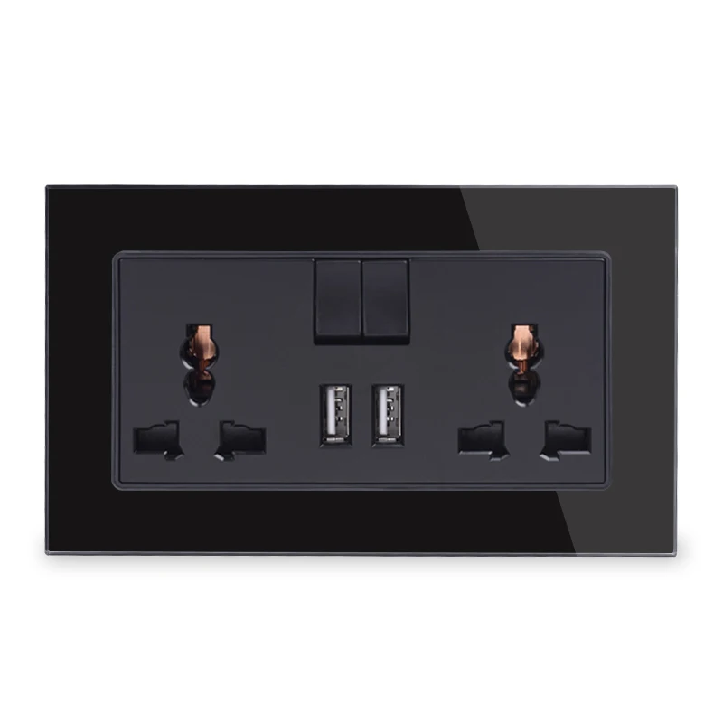 

13A Universal Switched Socket 2 USB Charge Port For Mobile Output 2.1A Wall Outlet Crystal Glass Panel Knight Black