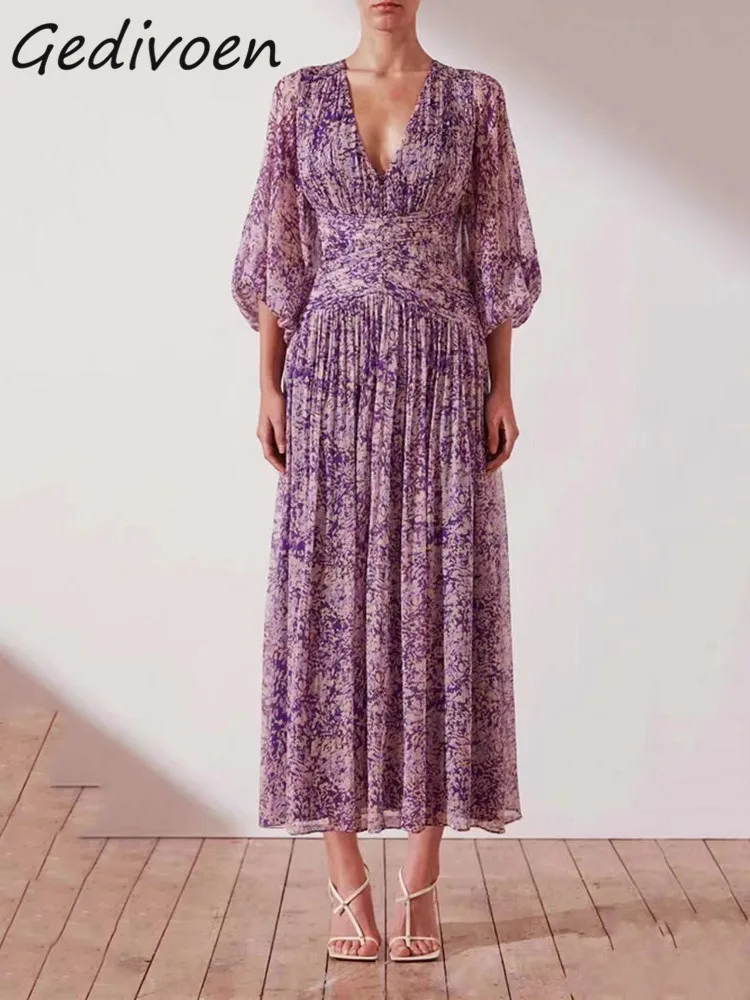 

Gedivoen Summer Fashion Designer Vintage Pleated Dress Women's Deep V-Neck Gathered Waist Vacation Party Purple Print Long Dress