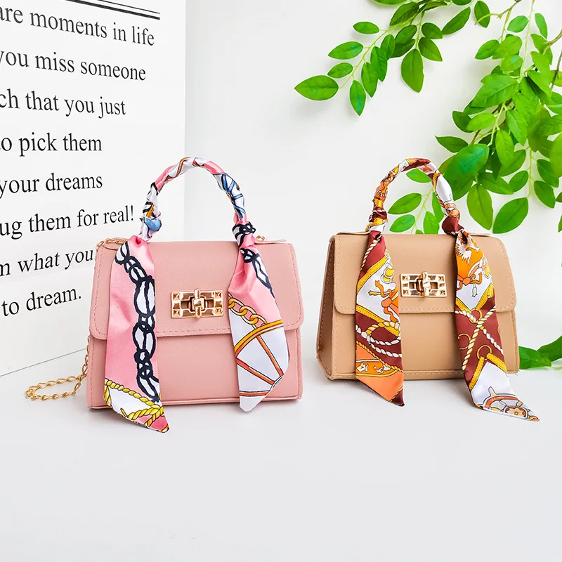 

Women Small Square Pack Handbags Silk Scarf Shoulder Bags PU Leather Mini Chain Bag Luxury Ribbons Crossbody Messenger Bags