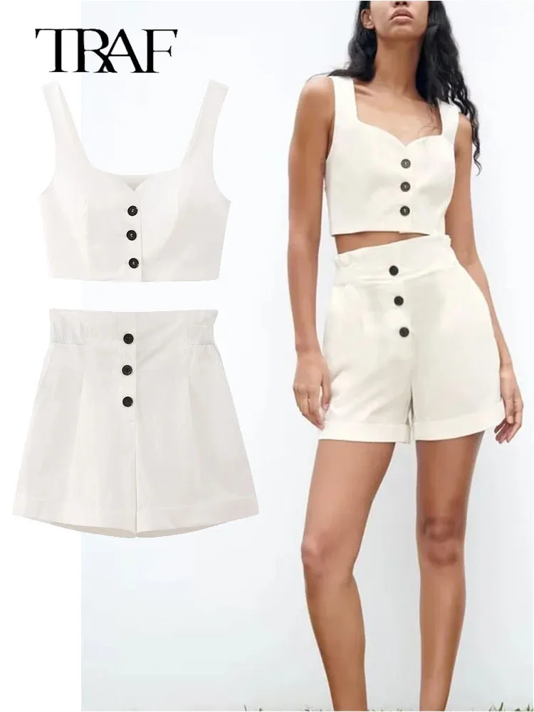 

TRAF 2023 Summer Women Solid Tops Shorts Sets Fashion Sleeveless Heart Collar Tank Tops Casual Button Pockets A-line Shorts