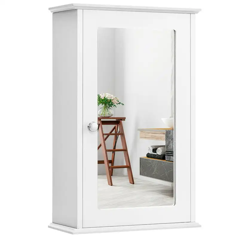 

Wall Medicine Cabinet Single Mirror Door Cupboard Storage Wood Shelf White