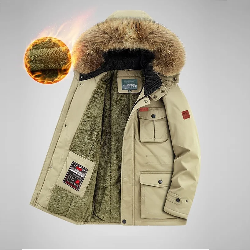 Oversized Mid-length Plus Velvet Winter Coat Men  Casual Detachable Hooded Thick Warm Jackets Outdoor Waterproof Jacket  Parkas