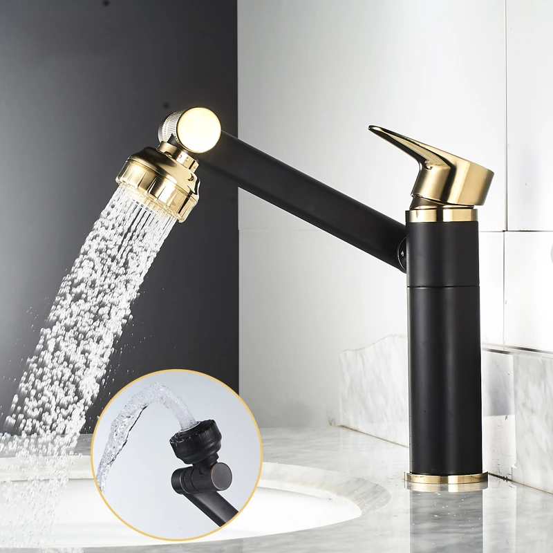 

360 Rotating Basin Faucets Brass Bathroom Mixer Tap Black Gold Washbasin Faucet Single Handle Single Hole Hot &Cold Faucet